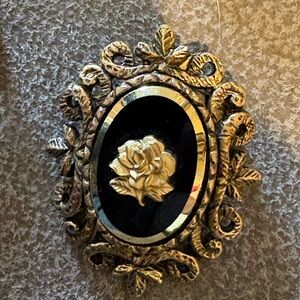 Vtg Celebrity Pink Gold and Black Rose Brooch